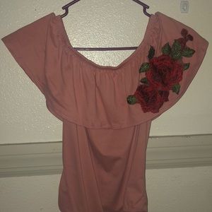 Off shoulder body suit w/ rose embroidery